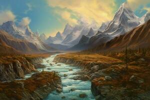een schilderij van een berg landschap met een rivier- f foto