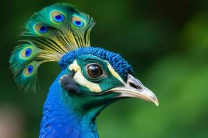 een Pauw met een blauw hoofd en groen veren Aan het foto