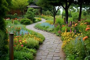 een pad leidend naar een bloem tuin met een bloemrijk foto