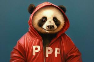 een panda met een rood jasje en een capuchon dat zegtsp foto