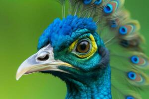 een Pauw met een blauw hoofd en groen veren Aan foto