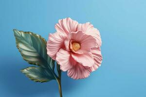 een roze bloem met een groen blad Aan het is Aan een blu foto