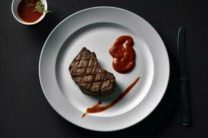 een bord van steaks met tomaat saus Aan de kant foto