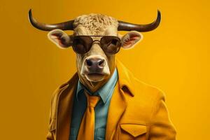 een poster van een stier met een geel jasje en sungl foto