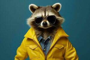 een wasbeer vervelend een geel jasje en zonnebril foto