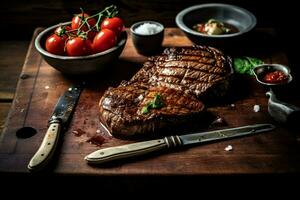 een steak Aan een snijdend bord met een kom van tomaat foto