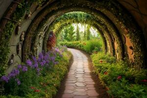 een tunnel met een bloem tuin in de achtergrond foto