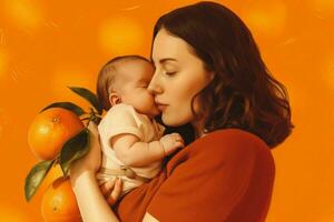 een vrouw Holding een baby in voorkant van een oranje achtergrond foto