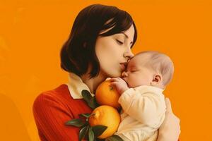 een vrouw Holding een baby in voorkant van een oranje achtergrond foto