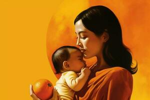 een vrouw Holding een baby in voorkant van een oranje terug foto