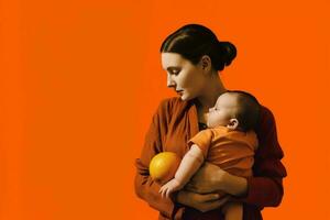 een vrouw Holding een baby in voorkant van een oranje terug foto