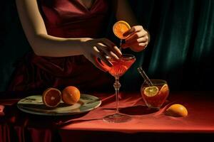 een vrouw is gieten een rood cocktail in een glas wi foto