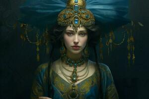 een vrouw met een blauw jurk en goud sieraden Aan haar h foto