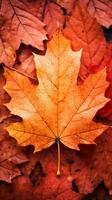 ai gegenereerd, een dichtbij omhoog foto van een roodachtig herfst blad met blanco ruimte voor tekst, verticaal het formulier, levendig stadium achtergronden, goud en karmozijnrood.