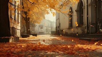 ai gegenereerd, herfst bladeren vallen naar beneden van de bomen, in de stijl van fantastisch straat, oranje en goud, rijk en meeslepend, iconisch, passage. foto