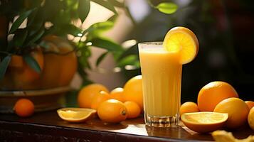 een glas van vers blended oranje smoothie met een backdrop van geheel sinaasappels en citrus schillen. oranje smoothie, vers blended, citrus schillen, achtergrond, verfrissing. ai gegenereerd. foto