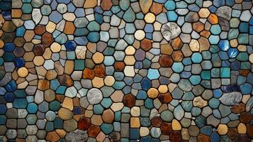 een gedetailleerd vastleggen van een mozaïek- tegel muur, weergeven de ingewikkeld patronen en verschillend texturen van de tegels. ai gegenereerd. foto