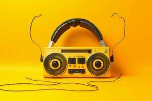 een geel achtergrond met een cassette speler en hij foto