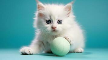 een pluizig wit katje met opvallend blauw ogen, speels batting Bij een zacht pastel bal, reeks tegen een teder munt groen achtergrond, het verstrekken van kamer voor tekst. ai gegenereerd. foto
