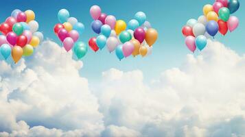 een blij tafereel van kleurrijk ballonnen oplopend in een getextureerde lucht gevulde met pluizig wolken. de ballonnen zijn grillig geregeld tegen de achtergrond. ai gegenereerd foto