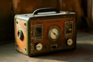 een oud fashioned radio met een roestig knop foto