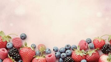 een behang versierd met sappig bessen Leuk vinden aardbeien, bosbessen, en frambozen Aan een zacht getextureerde roze achtergrond, ai gegenereerd foto