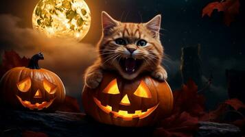 een grappig kat snijwerk zelf in een jack-o'-lantern met een ondeugend grijns, reeks tegen een getextureerd, sterrenhemel halloween nacht. ai gegenereerd foto