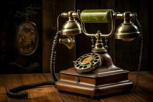 antiek roterend telefoon Aan hout tafel nostalgie deco foto