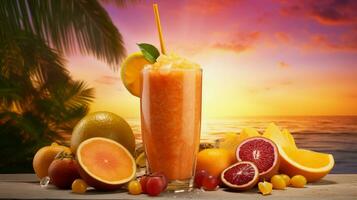 een levendig zonsopgang-thema smoothie met sinaasappels en tropisch fruit, reeks tegen een getextureerde canvas lijkt op een zonsopkomst lucht. ai gegenereerd foto