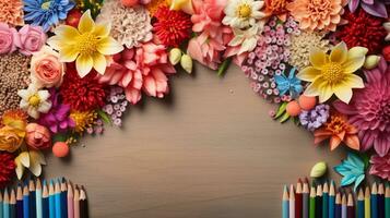 een beeld met kleur potloden artistiek geregeld tussen divers types van bloemen met ruimte voor tekst in licht bruin houten achtergrond. ai gegenereerd foto