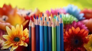 kleur potloden vormen een levendig boeket van kleuren temidden van een tuin van kleurrijk bloemen met ruimte voor tekst, creëren een visueel aangenaam contrast van door de mens gemaakt en natuurlijk schoonheid. ai gegenereerd foto