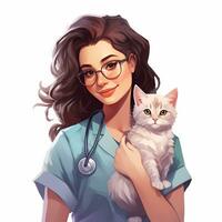 illustratie van verpleegster Holding een kat, pastel tetradisch kleuren, schattig en eigenzinnig, fantasie kunst, waterverf effect, wit achtergrond. ai gegenereerd foto