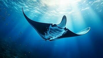 een verbijsterend beeld van een bevallig manta straal glijden door de oceaan diepten met ruimte voor tekst. ai gegenereerd foto