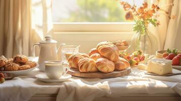 een beeld van een ontbijt tafel versierd met brood, gebakjes, en ochtend- licht filteren door zacht pastel gordijnen. ai gegenereerd foto