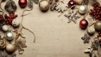een collage-stijl beeld presentatie van divers handgemaakt Kerstmis decoraties, reeks tegen een getextureerd, ambacht papier achtergrond, uitnodigend tekst naar onderzoeken de creatief kant van de vakantie seizoen. ai gegenereerd foto