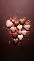 een illustratie van hartvormig chocolaatjes versierd met klein harten en romantisch motieven, reeks tegen een getextureerde achtergrond. verticaal formaat. ai gegenereerd foto