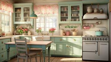een artistiek samenstelling met een vreemd cottage-stijl keuken, compleet met een boerderij wasbak, Pastelkleurige kasten, en wijnoogst decor. ai gegenereerd foto