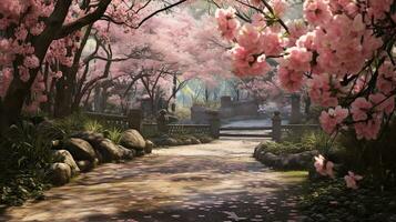 een visueel boeiend samenstelling presentatie van Japans kers bloesems sakura in vol bloeien binnen een tuin, toelaten ruimte voor tekst. achtergrond afbeelding, ai gegenereerd foto