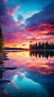 genereren een hoge resolutie beeld van een sereen zonsondergang over- een kalmte meer met levendig kleuren, verticaal formaat, achtergrond afbeelding, ai gegenereerd foto