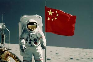 Chinese astronaut maan met vlag foto