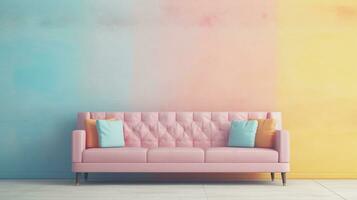 beeld van een mooi pastel gekleurde sofa met ruimte voor tekst en getextureerde muur achtergrond, achtergrond afbeelding, ai gegenereerd foto