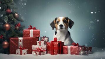 een goed gekleed hond poseren met verpakt Kerstmis presenteert en een vakantie achtergrond, met ruimte voor tekst, achtergrond afbeelding, generatief ai foto