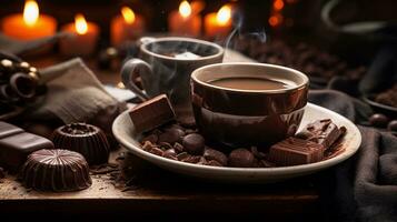 een beeld koppelen voortreffelijk chocolaatjes met een kop van vers gebrouwen koffie of heet cacao, achtergrond afbeelding, generatief ai foto