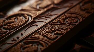 een detailopname van een verrukkelijk stuk van chocola confectie, toelaten ruimte voor tekst, achtergrond afbeelding, generatief ai foto