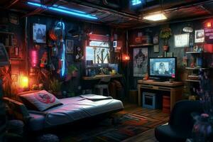 cyberpunk appartement kamer foto