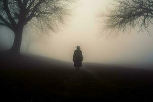donker silhouet staand in mist wandelen alleen uit foto