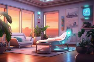 illustratie van futuristische leven kamer met slim foto
