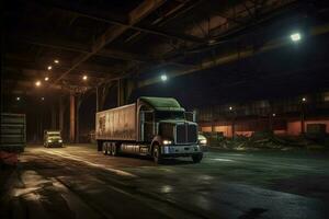 nacht vrachtvervoer levert lading naar staal magazijn foto