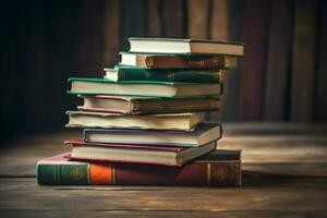 stack van leerboeken Aan houten tafel betekent: opvoeden foto
