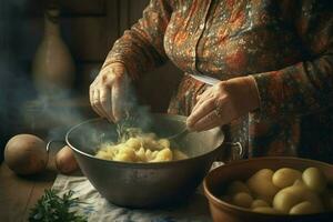 vrouw maken gepureerd huis aardappel foto